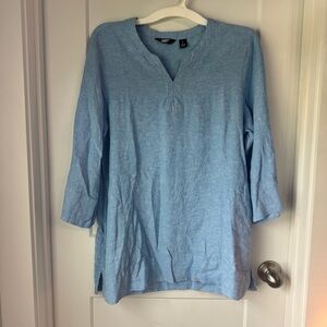 Lands End Women's Split Neck Tunic Top Linen Light Blue Size Large 3/4 Sleeve